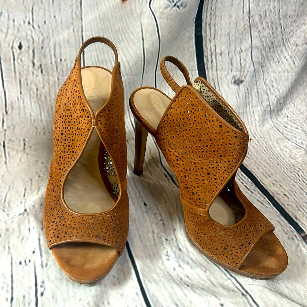 Tory Burch Ellie Heeled Brown Suede Sandals Size 9.5 Great Condition